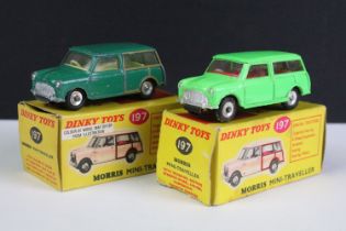 Two boxed Dinky 197 Morris Mini Traveller diecast models to include florescent green (diecast gd