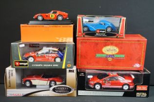 Six boxed diecast models to include 3 x Burago (1/18 Citroen Xsara WRC, 1/18 Ferrari 250 G.T.O & 1/