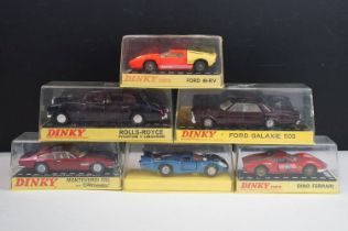 Six boxed / cased Dinky diecast models to include 1402 Ford Galaxie 500 in purple, 190 Monteverdi