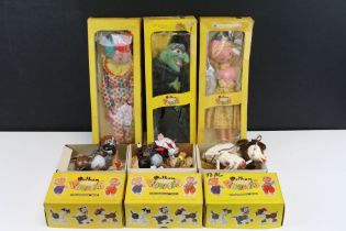 Six boxed Pelham Puppets to include Foal, Cat, Benjo, Clown Wicked Witch and Tyrolean Girl,