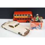 Three boxed and unboxed tin plate models to include Triang Minic London Bus with decals to side of