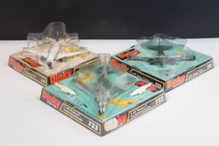 Three boxed Dinky diecast model planes to include 733 F-4K Phantom II Der Bundesluftwaffe, 712 US
