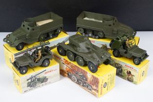 Five boxed French Dinky military diecast models to include 2 x 822 Half Track M3, 827 EBR Panhard