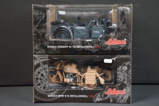 Two boxed 1/10 scale Schuco diecast military model motorcycles to include BMW R75 with sidecar