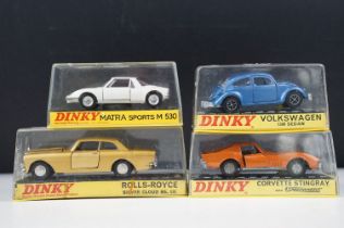 Four cased Dinky diecast models to include French 1403 Matra Sports M530 in white, 129 Volkswagen
