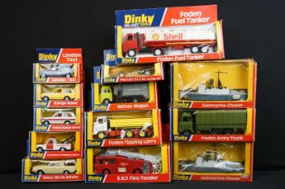 13 Boxed Dinky diecast models to include 266 ERF Fire Tender, 226 Ferrari 312/B2 Racing Car, 442