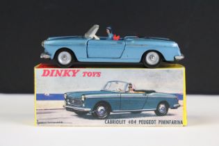Boxed French Dinky 528 Cabriolet 404 Peugeot Pininfarina diecast model in metallic blue with red
