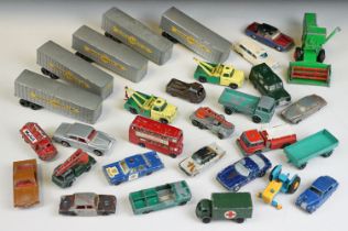 28 Mid 20th C play worn Matchbox Lesney diecast models to include 54 S&S Cadillac Ambulance, 5 x