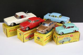 Five boxed Dinky diecast models to include 155 Ford Anglia (side end flaps missing), 186 Mercedes