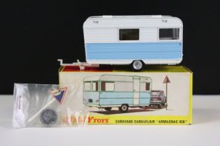 Boxed French Dinky 564 Caravane Caravelair 'Armagnac 420' diecast model in blue and white,