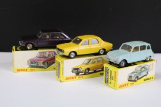 Three boxed French Dinky diecast models to include 518 Renault 4L in pale blue with tan interior,