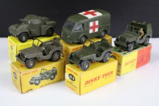 Five boxed French Dinky military diecast models to include 80F Military Ambulance, 2 x 80B Jeep