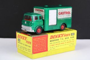 Boxed Dinky 450 Bedford TK Box Van diecast model in metallic green and red hubs, with Castrol