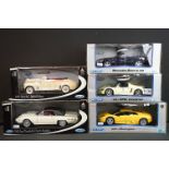Five boxed 1/18 scale Welly diecast models to include Mercedes-Benz SL500, Opel Speedster,