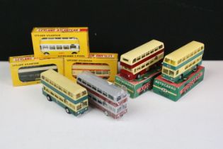 Five boxed diecast model buses featuring 2 x Autocarro No. 23 buses (One in green and cream and