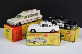 Three boxed Dinky emergency service diecast models to include 269 Motorway Police Car (diecast vg,