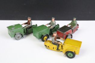 Four French Dinky No. 14 Triporteur diecast models in 3 x colour variants with one in yellow body,