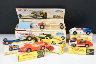 Six boxed Dinky diecast models with Speedwheels to include 370 Dragster Set complete with starter,