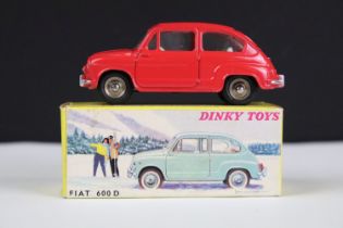 Boxed French Dinky 520 Fiat 600D diecast model in red with white interior, silver trim and concave