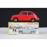 Boxed French Dinky 520 Fiat 600D diecast model in red with white interior, silver trim and concave