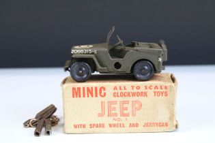 Boxed Triang Minic No.1 Series tinplate Jeep in military green, model in vg condition with slight