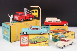 Four boxed Corgi diecast models to include 239 Volkswagen 1500 Karmann Ghia in cream with red