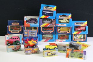 21 Boxed and carded Matchbox models to include Matchbox Superfast 18 Field Car, 37 Skip Truck,