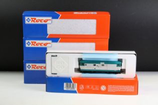 Four boxed Roco HO gauge locomotives to include 63621 DB E16 10, 43552 DBB 2045 16, 63453 FS D345