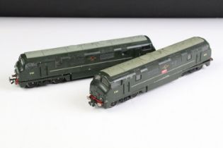 Two HO / OO gauge metal D801 BR Diesel locomotives in green, both unmarked, showing paint wear