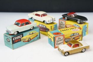 Four boxed Corgi diecast models to include 230 Mercedes Benz 220 SE Coupe, 207 Standard Vanguard III
