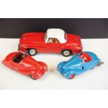 Three Schuco clockwork tin plate models to include Mercedes Motex 1088 car in red with white roof,