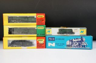 Five boxed / cased N gauge locomotives to include 2 x Hornby Minitrix (No 202 & No 203), Peco