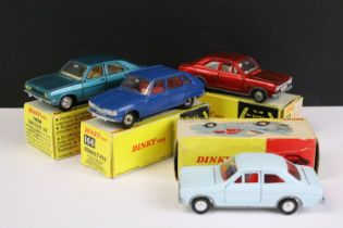 Four boxed Dinky diecast models to include 1409 Chrysler 180 in metallic blue, 2 x Ford Escort in