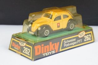 Boxed Dinky 262 Schweizer Postwagen PTT diecast model in yellow & black, ex with mild discolouring