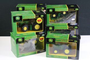 Seven boxed Britains 1/32 scale John Deere farming diecast models to include 42266 John Deere 7930