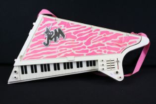Hasbro Jem And The Holograms Star Stage Cassette Player, with pink strap, showing signs of play wear