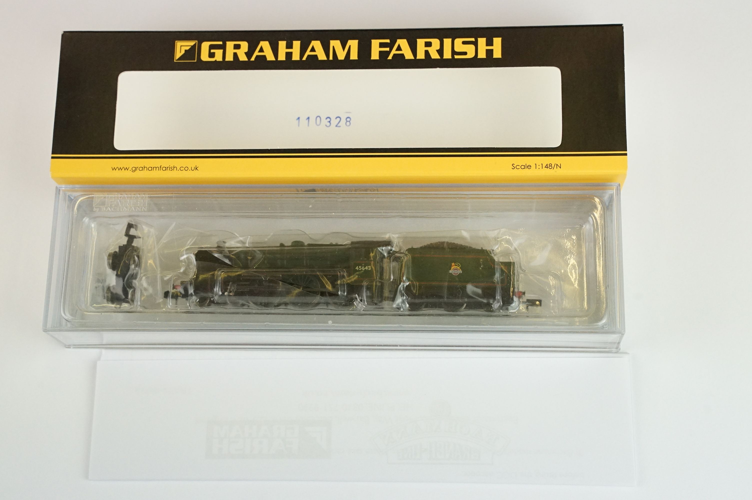 Three cased Graham Farish by Bachmann N gauge locomotives to include 372-127 Black 5 45110 BR - Image 6 of 8