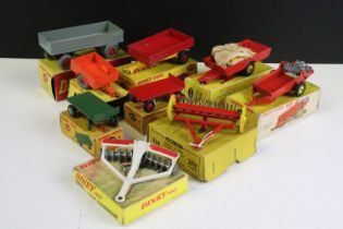 Nine boxed Dinky farming related diecast models to include 324 Hay Rake, 2 x 429 Trailer (colour