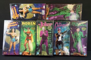 Seven sealed Moebuis Models DC Comics plastic model kits to include 5 x 1/8 Batman Classic Tv Series