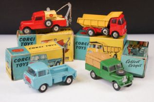 Four boxed Corgi diecast models to include 417 Land Rover Breakdown Truck, 458 ERF Model 64G Earth