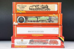 Four boxed Hornby OO gauge locomotives to include R066 LMS 4-6-2 Duchess Loco, LNER Class D49/1