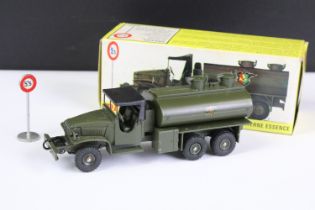 Boxed French Dinky 823 Camion G.M.C Militaire Citerne Essence in military green with black plastic