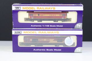 Two cased Dapol N gauge locomotives ND005 CI.73 EW&S 73128 and ND-101F Class 67 67024 EWS maroon