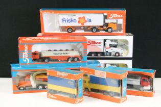 Eight boxed Tekno haulage diecast models to include 915 Ford D 0810, 420 Scania LBS 141, 452 trailer