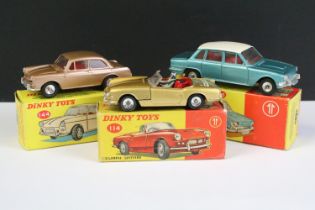 Three boxed Dinky diecast models to include 144 Volkswagen 1500 in bronze, 114 Triumph Spitfire with