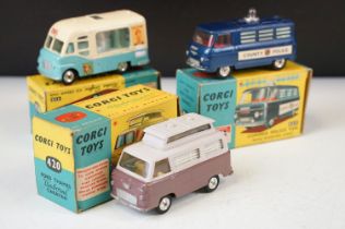 Three boxed Corgi diecast models to include 420 Ford Thames Airborne Caravan in two-tone mauve and