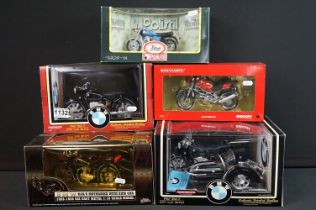 Five boxed Motorcycle diecast models to include 1 x Tootsietoy 1/10 Hard Body BMW 1960-2 with