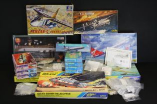 13 Boxed plastic model aircraft kits to include 4 x Nu Bee 1/100 (Military Helicopter, Jet Airliner,