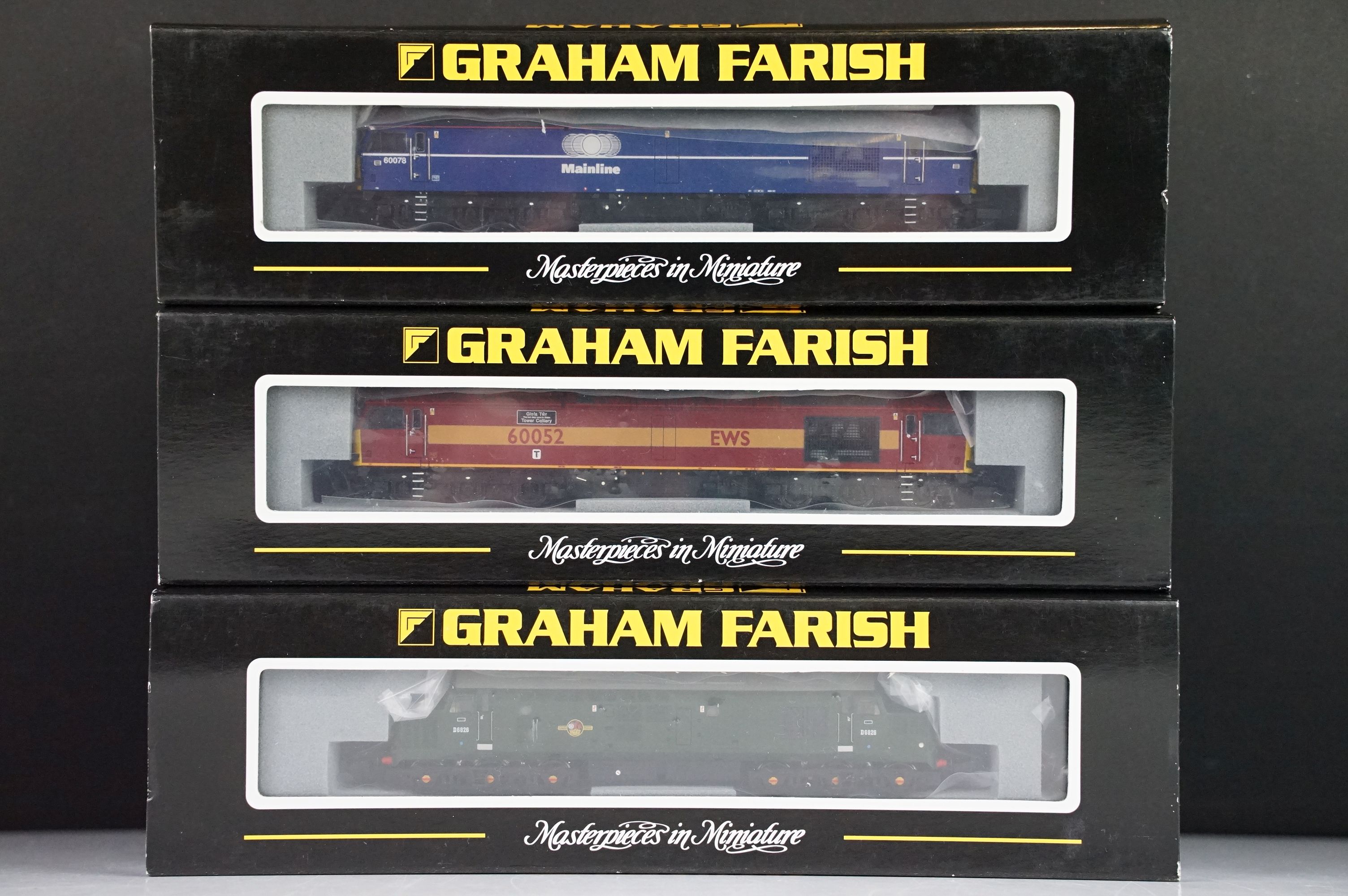 Three cased Graham Farish by Bachmann N gauge locomotives to include 371-350 Class 60 Diesel 60052