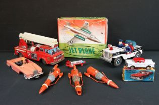 Collection of boxed and unboxed tin plate and various toys to include boxed Sparking Jetplane with